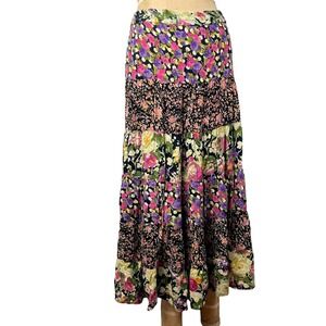 Boho Floral Tiered Maxi Skirt Patchwork Sz M Spring Cottegecore Romantic